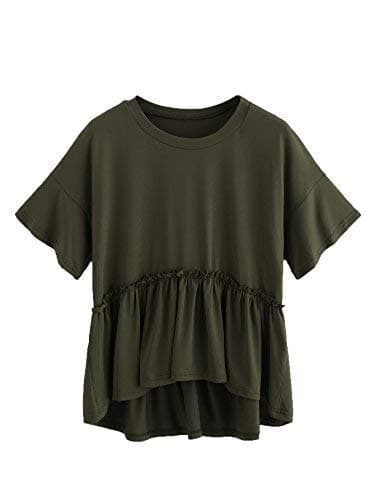 ROMWE Women's Loose Ruffle Hem Short Sleeve High Low Peplum Blouse Top Army Green M