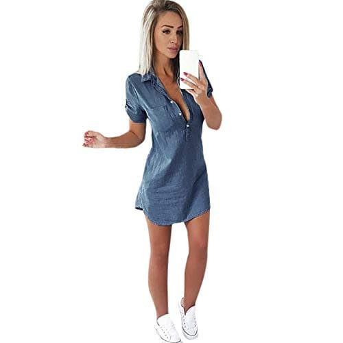Kinrui Clearance!Women Short Sleeve Solid Denim Dress Turn Down Shirt Tunic Top Collar Mini Dress (Blue, M)