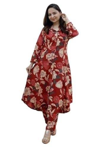 Leriya Fashion Women's Anarkali Rayon Floral Printed Kurta Pant Set | High-Low Hem & 3/4 Sleeves | Ethnic Co-ord for Festive & Casual Wear | Co ord Set For Women Stylish | 2 Piece Dress For Holiday Look & Puja
