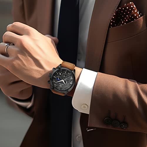 BY BENYAR Men's Watches Waterproof Sport Military Watch for Men Multifunction Chronograph Black Fashion Quartz Wristwatches Calendar with Leather Strap