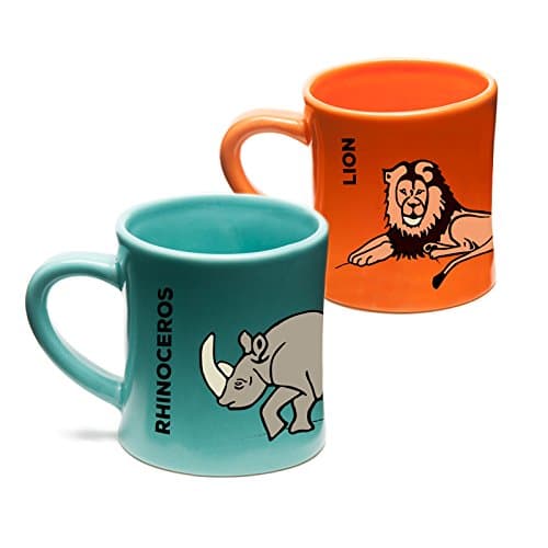 BittyMugs for Kids - Lion/Rhinoceros Kids Ceramic Mugs, 4oz, BPA FREE, Waldorf Preschool, Animal Mug Set, Hot Chocolate, Milk, Espresso, Gift