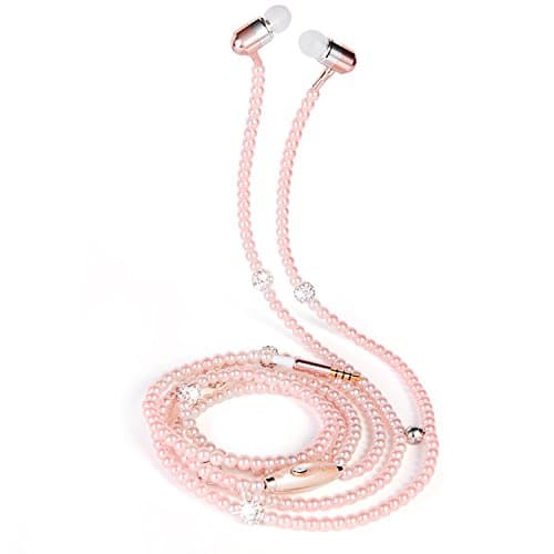 Pink Pearl Necklace Earphones Stereo Headphones Earbuds with Microphone In-ear Headset for Iphone Ipad Samsung Mp3 Player and All 3.5mm Audio Devices Cute Fashionable Jewelry Gift