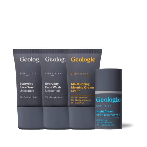 Geologie Complete Sensitive Skincare Routine | 4-Piece Trial Size Set That Helps Treat Mild to Moderate Breakouts with Retinol, Niacinamide, Hyaluronic Acid, and Salicylic Acid | 30 Day Supply