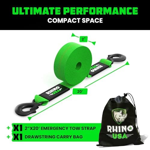 Rhino USA Tow Strap with Hooks (2 Inch x 20 Foot) Lab Tested 10,321lbs Break Strength - Heavy Duty Emergency Towing Straps with Forged Steel Hooks for Roadside Recovery - Not for Off-Road Recoveries
