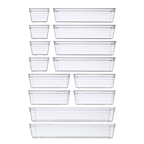 14 PCS Clear Plastic Drawer Organizer Tray for Makeup, Kitchen Utensils, Jewelries and Gadgets