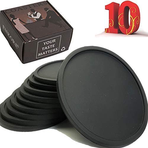 Drink Coasters Set of 10, Super Value Pack in Gift Box Holder, Table Protection For Wood, Granite, Sandstone or Marble Stone Tabletop, Modern Non Slip 4 inch Silicone Mat Fit Drinking Glass Coffee Cup