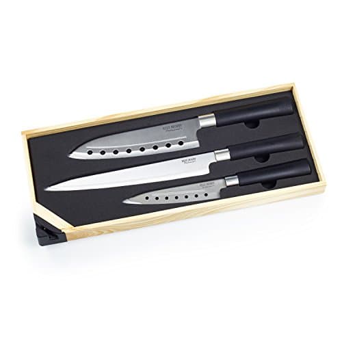 Ross Henery Professional 3 Piece Santoku Chef’s knife set in wooden gift box with built in sharpener (Black Handles)