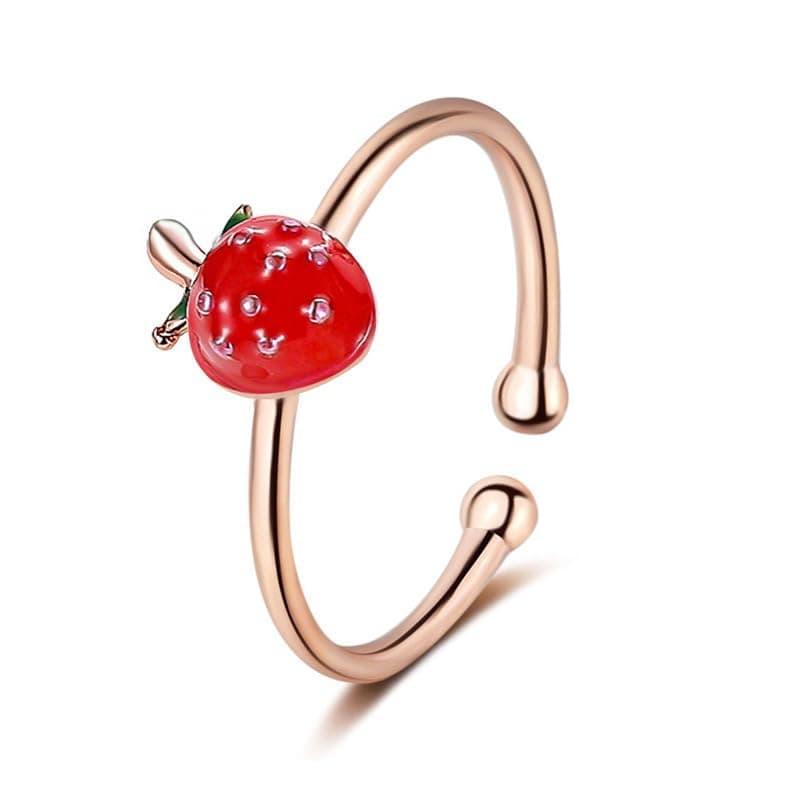 Gold Cute Red Strawberry Ring for Women,Adjustable Cartoon Fruit Strawberry Ring for Women Strawberry Accessories,Strawberry Stacking Ring