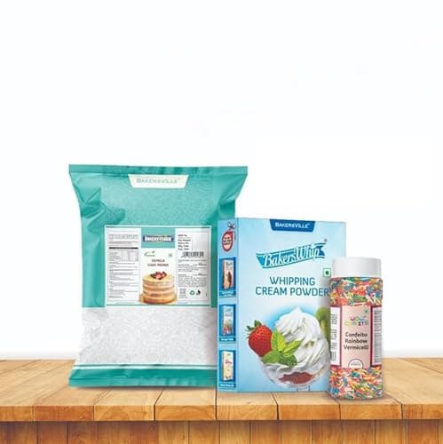 Bakersville Cake Decoration Kit (Combo Pack of Whipping Cream Powder, Vanilla Premix, Rainbow Vermicelli)