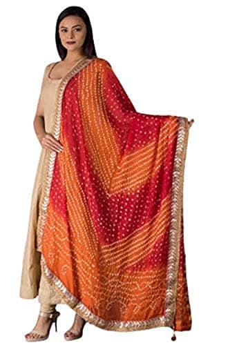 kalpit creations Women's Jaipuri Art Silk Bandhej Rajasthani Bandhani Dupatta with Gota Patti Lace