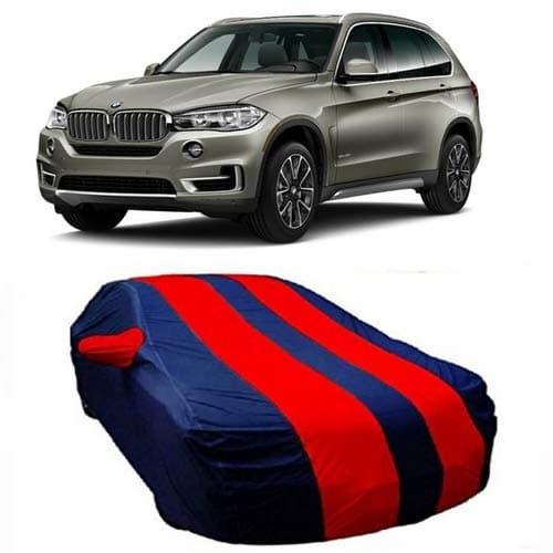 DRIZE Car Cover for BMW X5 with Triple Stitched Fully Elastic Ultra Surface Body Protection (Strips Red with Mirror Pockets)