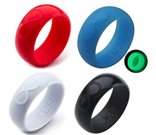 KUSISilicone Wedding Ring Band for Men Committed to Active Lifestyle, Infinity Bands, Rubber, Comfort Fit, Black, Glow in The Dark and More, Singles and 4 Pack Sets