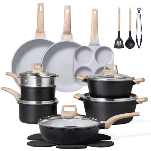 CAROTE 21pcs Pots and Pans Set Nonstick, Cookware Set Black Induction Kitchen Cooking Set w/Frying Pans & Saucepans(PFOS, PFOA Free)