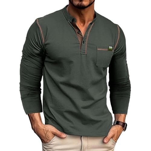 Men's Henley Shirts Short/Long Sleeve Casual Cotton T-Shirt Classic Button Basic Stylish Tees Tops