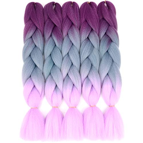 VCKOVCKO Ombre Braiding Hair Extension Synthetic Kanekalon Fiber for Twist Braiding Hair,3 Tone Jumbo Box Braiding Hair 24",5 Bundles/Lot,Purple-Blue-Light Purple