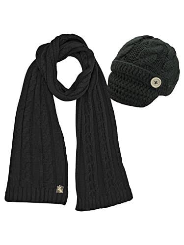 Black Cable Knit Newsboy Cabbie Hat & Scarf Matching Set Apparel
