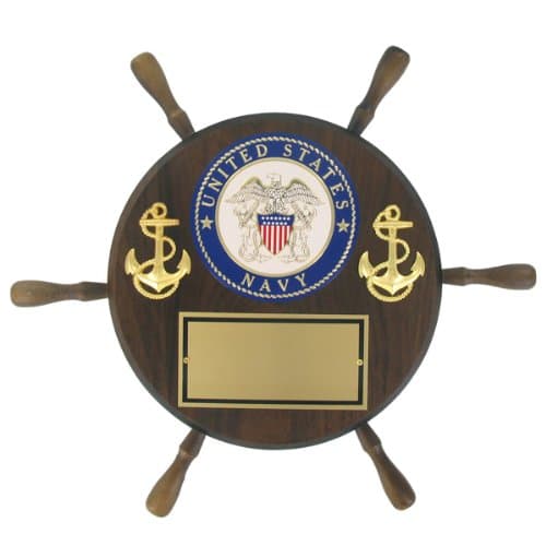 SHOP AWARDS AND GIFTS United States US Navy Ship Wheel Award Plaque with Engraving Plate, Walnut Finished, 13 Inch
