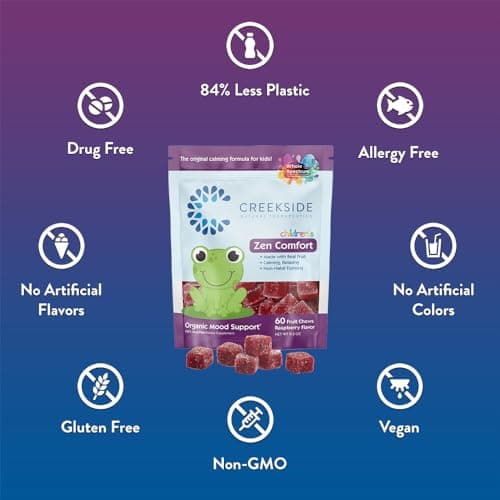 Creekside Natural Therapeutics Children's Comfort, Real Fruit Chews with L5-HTP, Passionflower, Zinc, Pediatrician Formulated, Vegan, Raspberry Flavor, 60 Fruit Chews