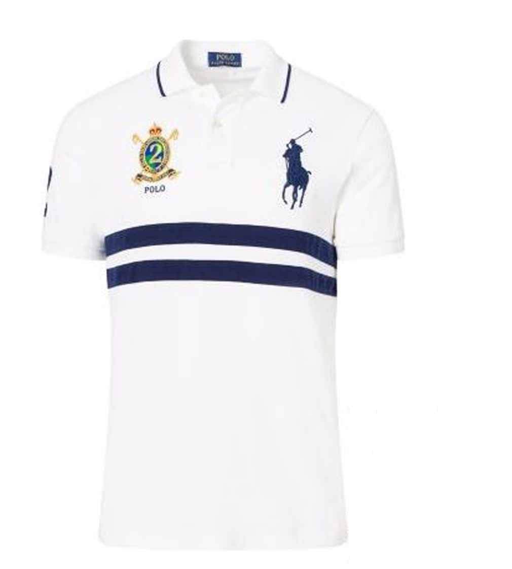 Polo Ralph Lauren Men's Banner Short Sleeve Mesh Polo Shirt (Large, White/Navy Stripes)