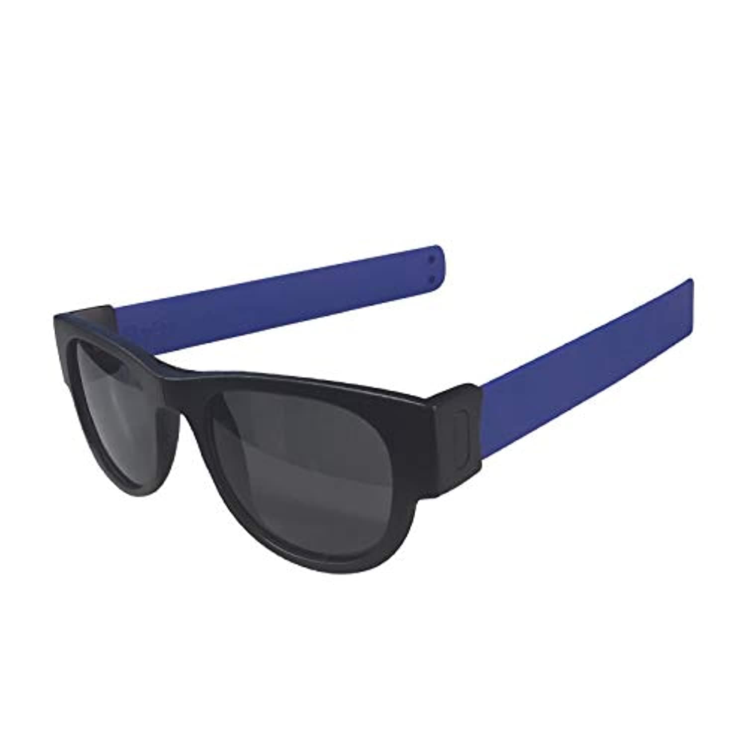 Folding Sunglasses - UV400 Protection, Trendy Design for Men & Women, Ultralight & Easy to Carry, Wrist Slapping Never Fall Off - Black Frame, Blue Slap, Plain Lens
