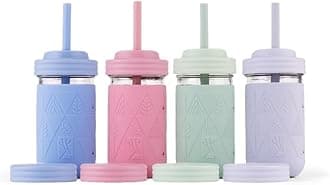 Kids + Toddler Glass Cups | The Original 12oz Glass Mason Jar with Sleeves + Lids | Silicone Straws + Stopper | Smoothie Cup | Food Storage | Spill Resistant | Dishwasher Safe | 4 Pack