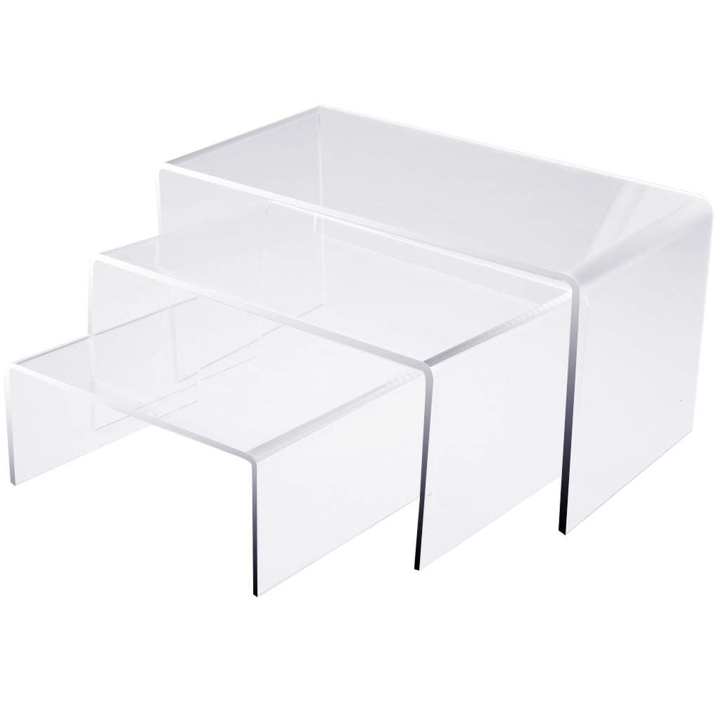 obmwang 3 Pack Clear Acrylic Riser Set, Acrylic Display Risers Shelf Showcase Fixtures for Jewelry, Display Stand (3 Sizes B)