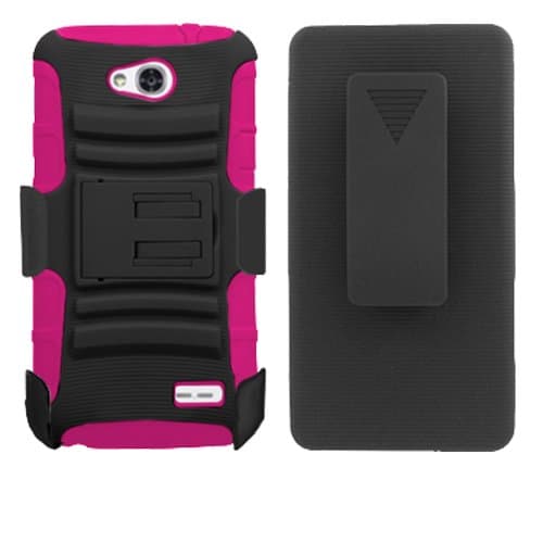 LG Optimus L70 (MS323) Black and Pink Hardcore Hybrid Kickstand Case + Holster Combo