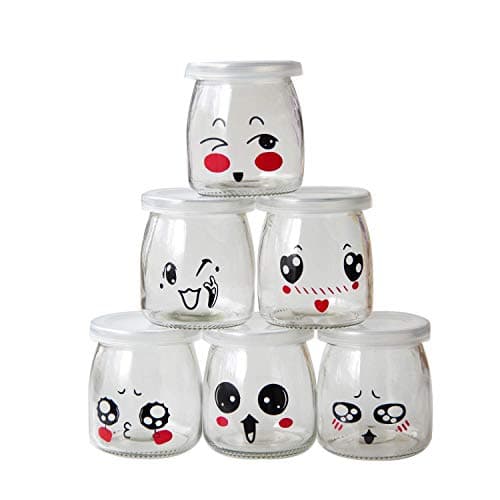 Sunormi 200ml Emoticon Design Glass Pudding Yogurt Jars With Lids 6oz,6Pcs