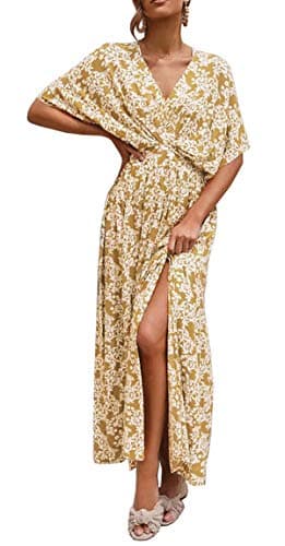 R.Vivimos New Women Sexy Deep V-Neck Backless Short Sleeve Floral Midi Dress Casual Split Summer Dresses