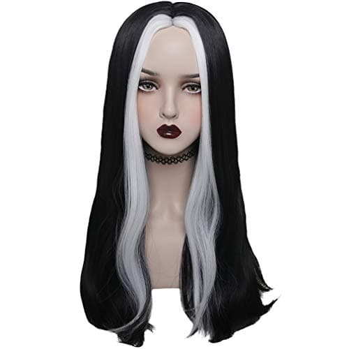 YOGFIT Black with white streak Wig for Ysanne Isard Cosplay Women's Long Straight Synthetic Wig for Halloween Costume Party