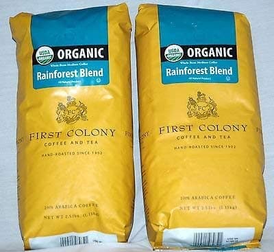 First Colony Coffee and Tea Rainforest Blend USDA Organic Arabica Coffee 2.5lbs (2 pack)