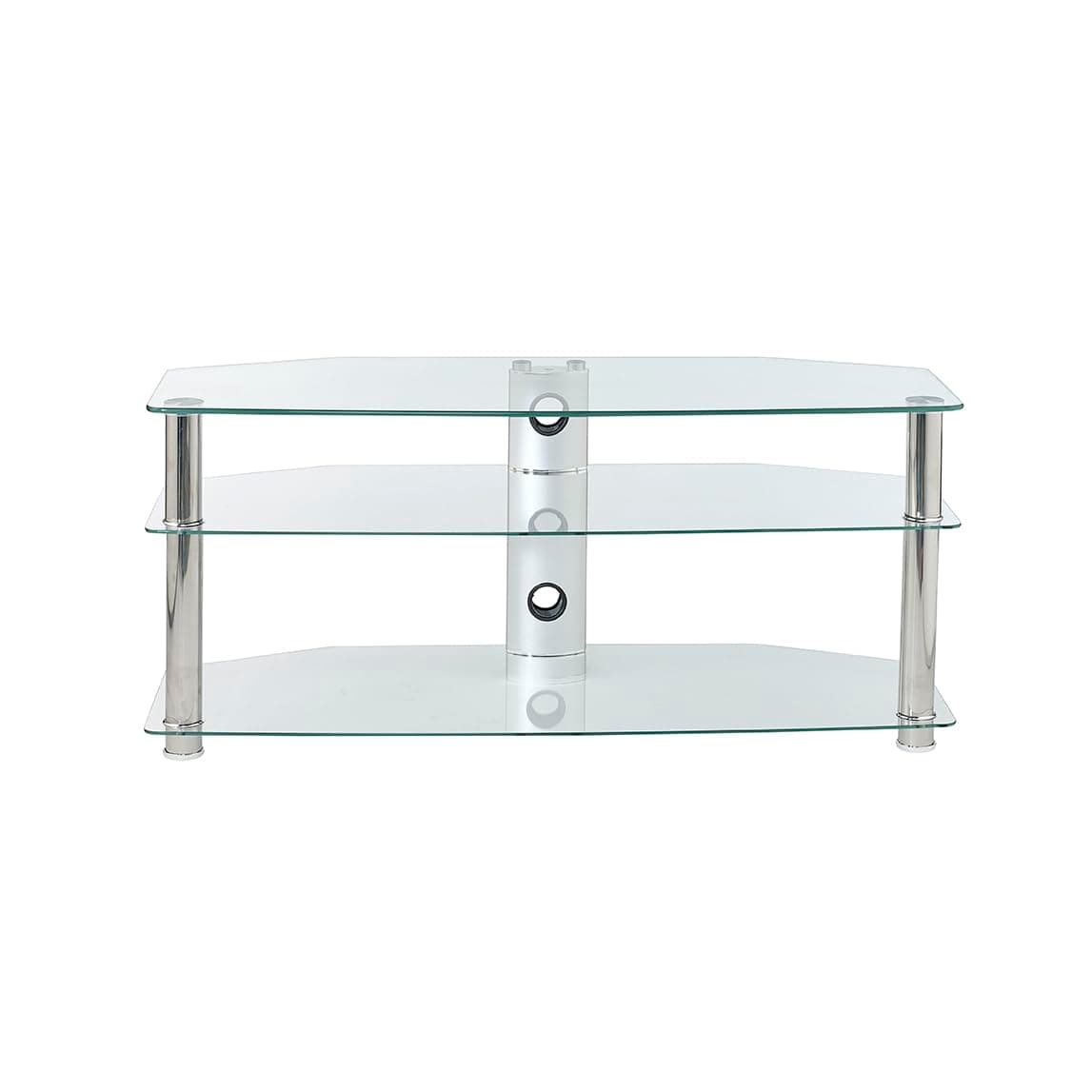 Clear Glass TV Stand 1150mm Wide 3 Shelf for Up To 55 inch TV's With Chrome Silver Legs, by MMT
