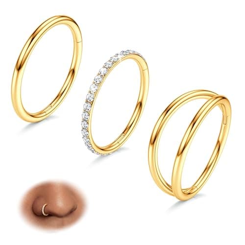BodyBonita 3pcs Nose Rings Hoops - 316L Surgical Steel Double Hoop Nose Rings 16G/18G/20G Hinged CZ Conch Piercing Jewelry Septum Clicker Lip Rings Cartilage Earring Helix Rook Tragus Daith