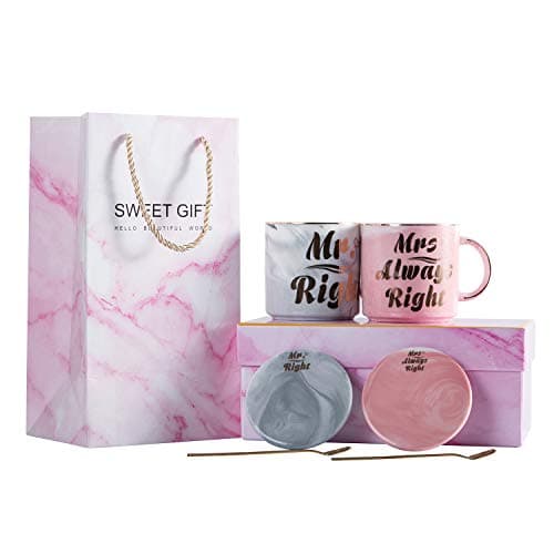 Mr. Right and Mrs. Always Right Marble Coffee Mugs 11oz and Coasters