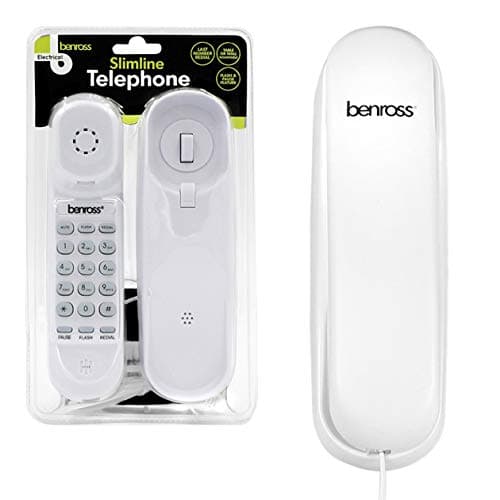 Benross44560 Slimline Corded Telephone/Landline Phone for Home & Office/Table or Wall Mounted/Last Number Redial Feature/Flash & Pause Buttons/White Colour