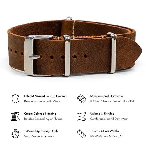 Benchmark Straps 22mm Dark Brown Oiled Leather Nato Watchband - More Colors Available