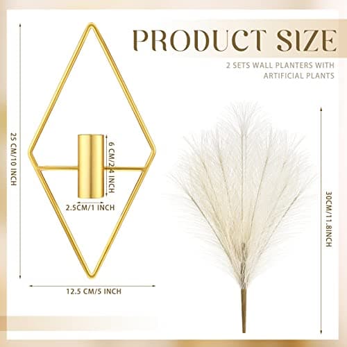 Peryiter 2 Pcs Boho Wall Decor Metal Gold Wall Art Hanging Planters with Artificial Pampas Modern Home Decor Display Art for Living Room Bedroom Bathroom(Rhombus)