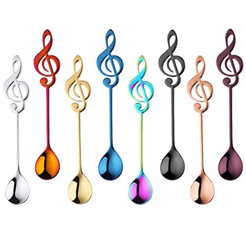 Coffee Spoons Tea Dessert Espresso Musical Note Stainless Steel 304 Long Handle Black Rose Gold Blue Purple Rainbow Silver Megic Red Set of 8