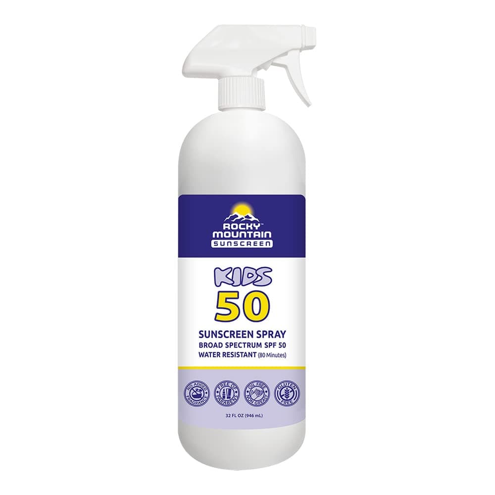 Rocky Mountain Sunscreen KIDS SPF 50 SPRAY | Water-Resistant | Broad Spectrum UVA/UVB | Non-Greasy | Fragrance Free | Vegan | Gluten Free | Reef Safe (Octinoxate & Oxybenzone Free) | Quart with Trigger Sprayer (32 FL OZ)
