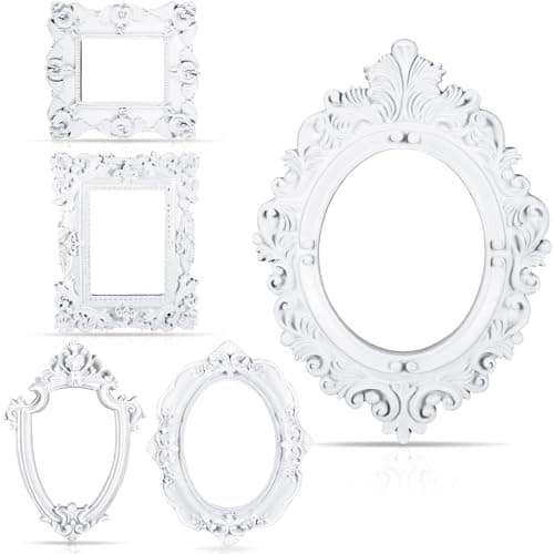 5 Pcs Vintage Mini Picture Frames Small Antique Resin Photo Frame Wall Hanging for DIY Jewelry Display Photography Christmas Photo Holiday Party Decoration (White)