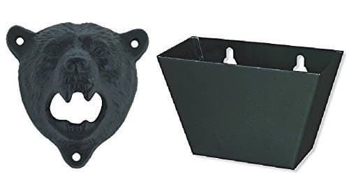 Bottle Opener, Iron Bear Teeth Wall Mount Bottle Opener and Cap Catcher Set (Black Bear Opener + Black Catcher)