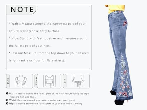 CHARTOU Womens Chic Floral Embroidered High-Rise Bell Bottom Flare Jeans Broad Feet Long Denim Pants