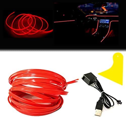 El Wire Red Interior Car LED Strip Lights, 5M Neon Wire USB 5V with Fuse Protection for Automotive Interior Decoration, with 6mm Sewing Edge