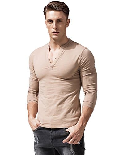 XShing Mens Long Sleeve T Shirts Slim Fit Deep V Neck Athletic Casual