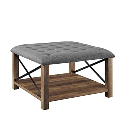 Walker Edison Abri Modern Farmhouse Metal X Tufted Ottoman, 30 Inch, Grey