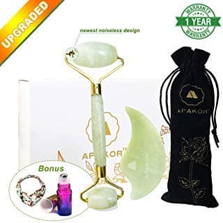 Nephrite Jade Roller Set For Face With Gua Sha, Perfect For Puffiness, Wrinkles, Anti Aging Rejuvenate Xiuyan Jade Stone, Bonus 5Ml Essential Oil Bottle & Soft Headband With Noiseless Design By Apakor