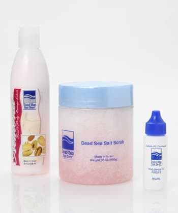 32 oz Dry Dead Sea Salt Scrub, 8 oz Hand and Body Massage Lotion, 1 oz Cuticle Oil Treatment, Salt Scrub Gift Set by Dead Sea Spa Care (32 oz Serenity Salt Scrub and 8 oz Serenity Lotion)