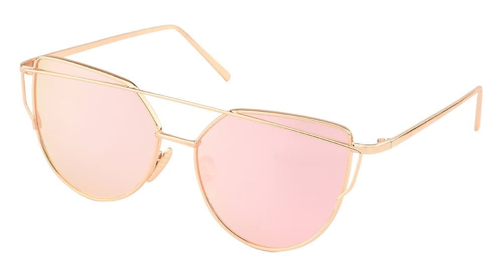 TrendyMate-Womens Street Fashion Metal Twin Beam Flat Mirror Lens Cat Eye Sunglasses (Gold/Rose Pink, 0)