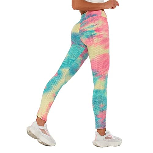High Waist Leggings Fitness Yoga Pants Tie Dye Sports Pants Honeycomb Push Up Scrunch Butt Lift Tights Stretchable Gym Anti –Cellulite for Women (Pink Rainbow, Medium)