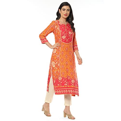 BIBA Women's Rayon Straight Fit Straight Liva Printed Regular Kurta